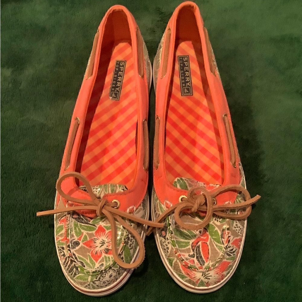 Sperry Top Siders jungle print orange green floral sequins wms Sz 10